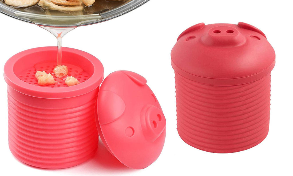 Silicone Pig Bacon Grease Holder Container with Mesh Strainer Dust