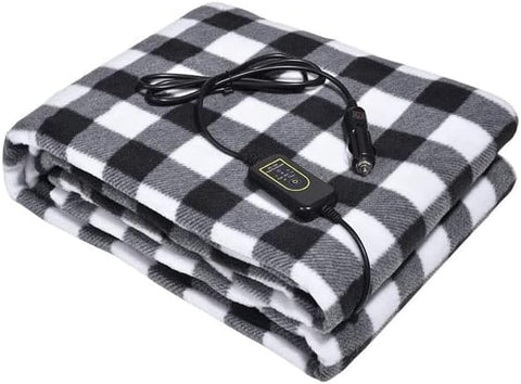 Amazingforless Heated Car Blanket 12V Fleece Plaid Blankets for Car,Truck, SUV, or RV with Controller for Timer & Heat Levels (Black & White Plaid)