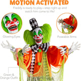 Funhouse Freddy The Motion Activated Animatronic Killer Clown Halloween Prop w/Pre-Recorded Lines, Light-Up Eyes, Moving Arms & Head