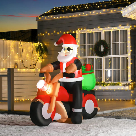 6ft Christmas Inflatable Santa Claus Riding A Motorcycle with Toy Bag Outdoor Blow-Up Yard Decoration with LED Lights Display
