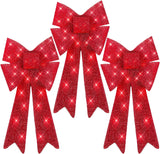 Set of 3 Bows Pre-Lit Christmas Bow Decoration, Indoor/Outdoor LED Holiday Décor w/ 30 Lights, Outdoor Battery Box, Timer, 8 Light Functions