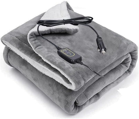 Amazingforless Plaid 12V Heated Fleece Car Blanket with Controller for Timer & Heat Levels Plaid Electric Car Blanket (Gray Faux Sherpa)