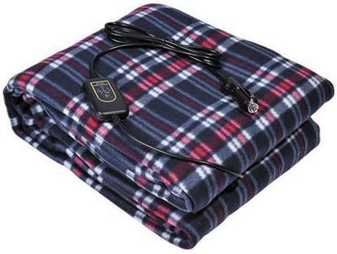 Amazingforless (6 Colors) Electric 12V Heated Fleece Car Plaid Blanket With Controller For Timer & Heat Levels Travel Blanket -Navy