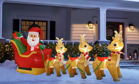 10ft Christmas LED Inflatable Santa Sleigh & Reindeers