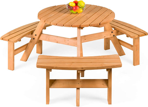 6-Person Circular Outdoor Wooden Picnic Table w/ 3 Built-in Benches