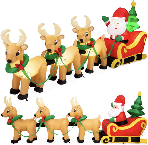 9ft Lighted Inflatable Christmas Decoration Santa Claus Sleigh & Reindeer