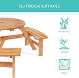 6-Person Circular Outdoor Wooden Picnic Table w/ 3 Built-in Benches