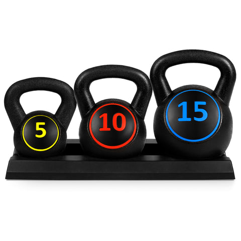 Kettlebell Set with Storage Rack, Exercise Fitness Concrete Weights 5lb, 10lb, 15lb