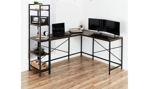 L-Shaped Corner Computer Desk w/Multifunctional 5-Tier Bookshelves
