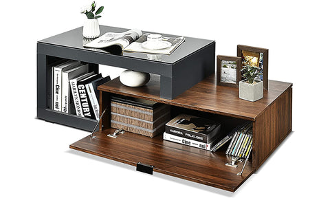 Modern Coffee Table with Glass Top & 2 Tier Storage