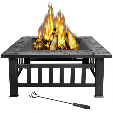 Outdoor 32" Metal Firepit Backyard Patio Garden Square Stove Fire Pit With Cover