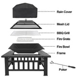 Outdoor 32" Metal Firepit Backyard Patio Garden Square Stove Fire Pit With Cover