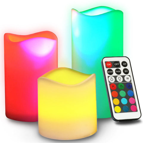 3 Pcs Flameless Candles with Remote Flickering LED Pillars Candles Multi Colors